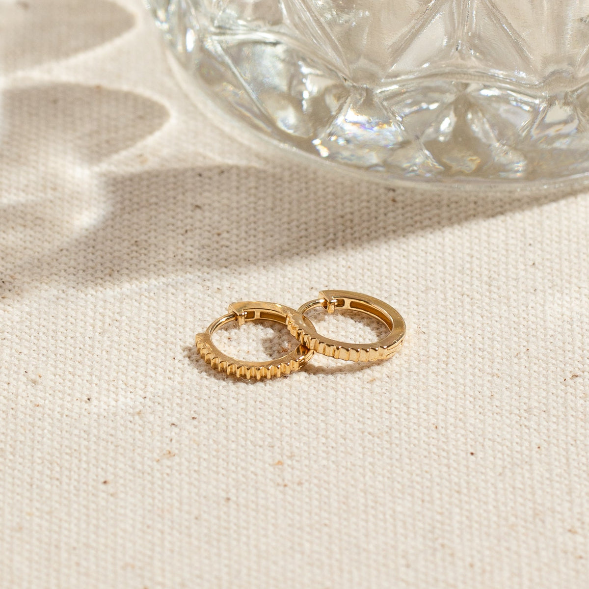 Ribbed Huggie Hoop Earrings - 14k Solid Gold