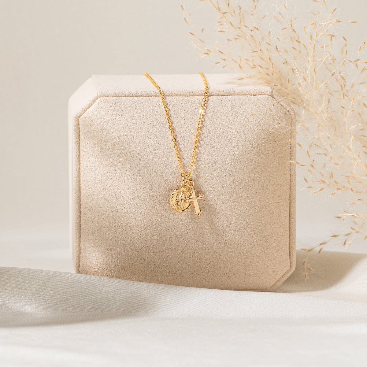 Mini Virgin Mary + Cross Necklace