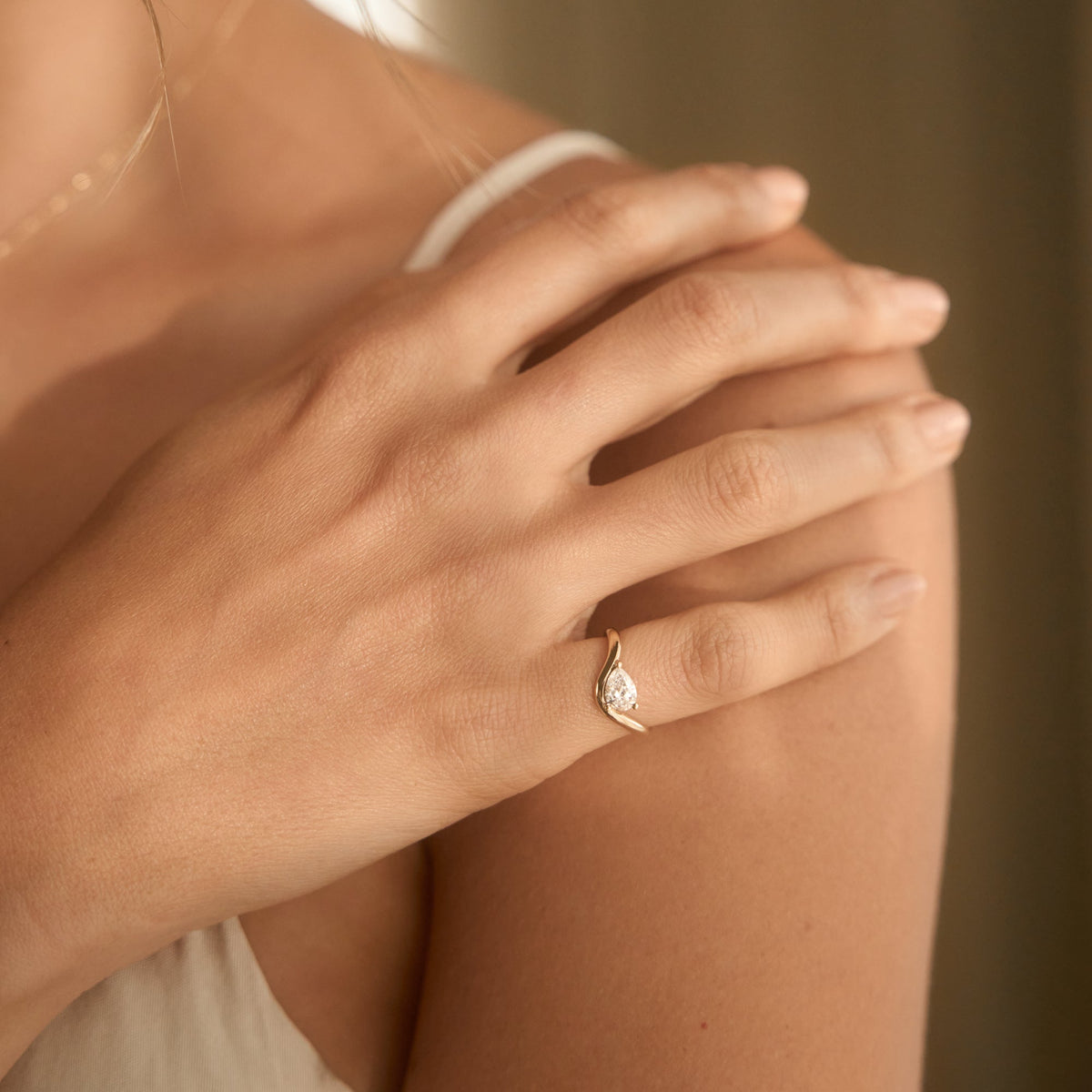 Curved Pear Diamond Pinky Ring - 14k Solid Gold