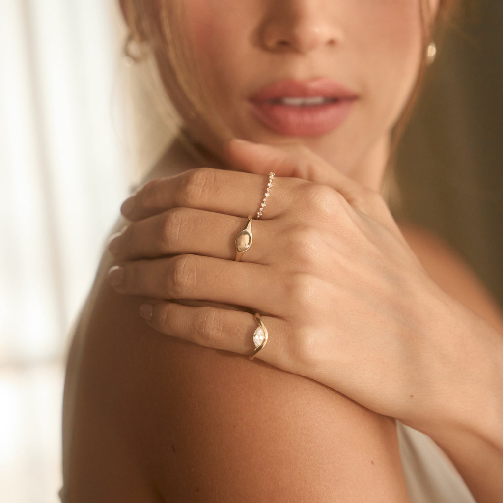 Curved Marquise Diamond Pinky Ring - 14k Solid Gold