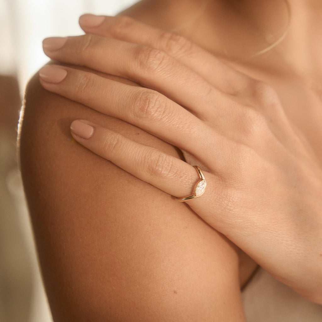 Curved Marquise Diamond Pinky Ring - 14k Solid Gold