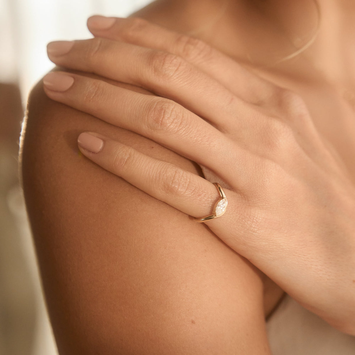 Curved Marquise Diamond Pinky Ring - 14k Solid Gold