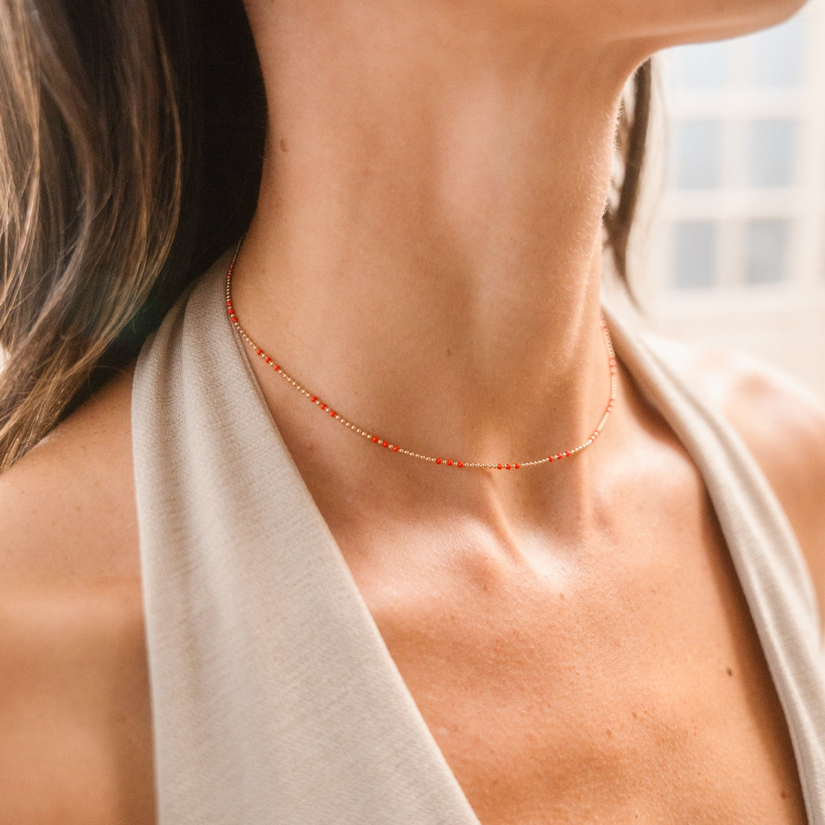 Red Enamel Ball Chain Necklace