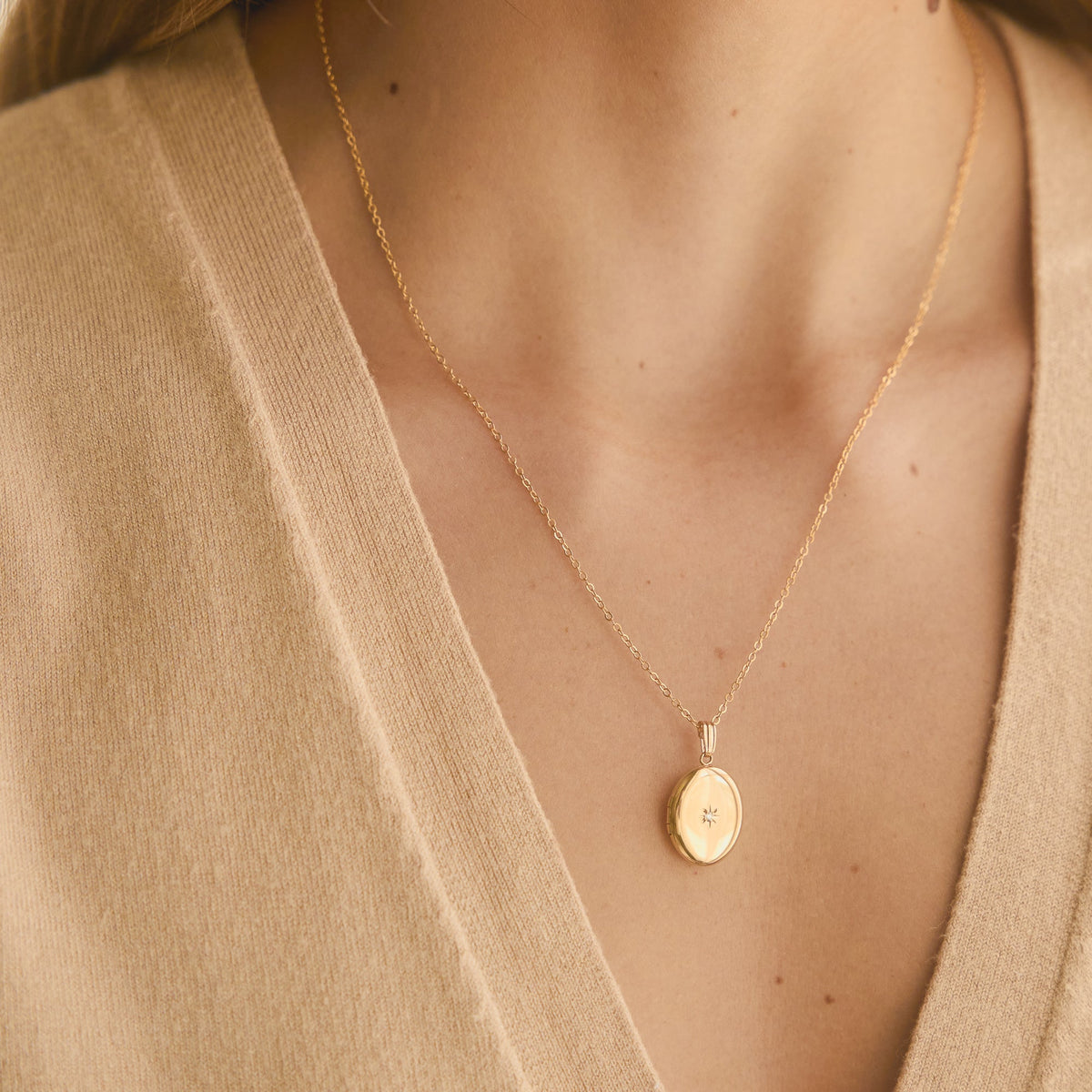 Oval Diamond Starburst Locket Necklace