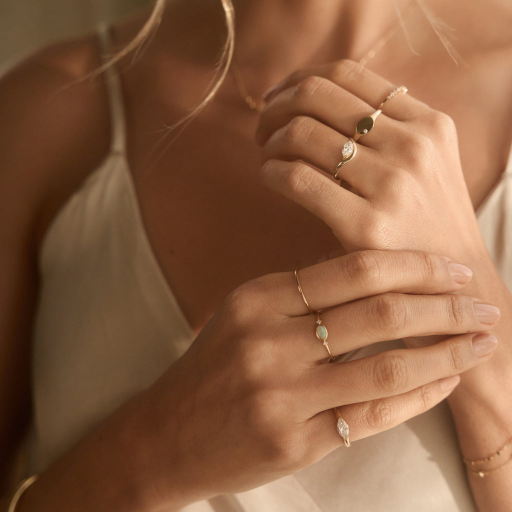 Curved Marquise Diamond Pinky Ring - 14k Solid Gold