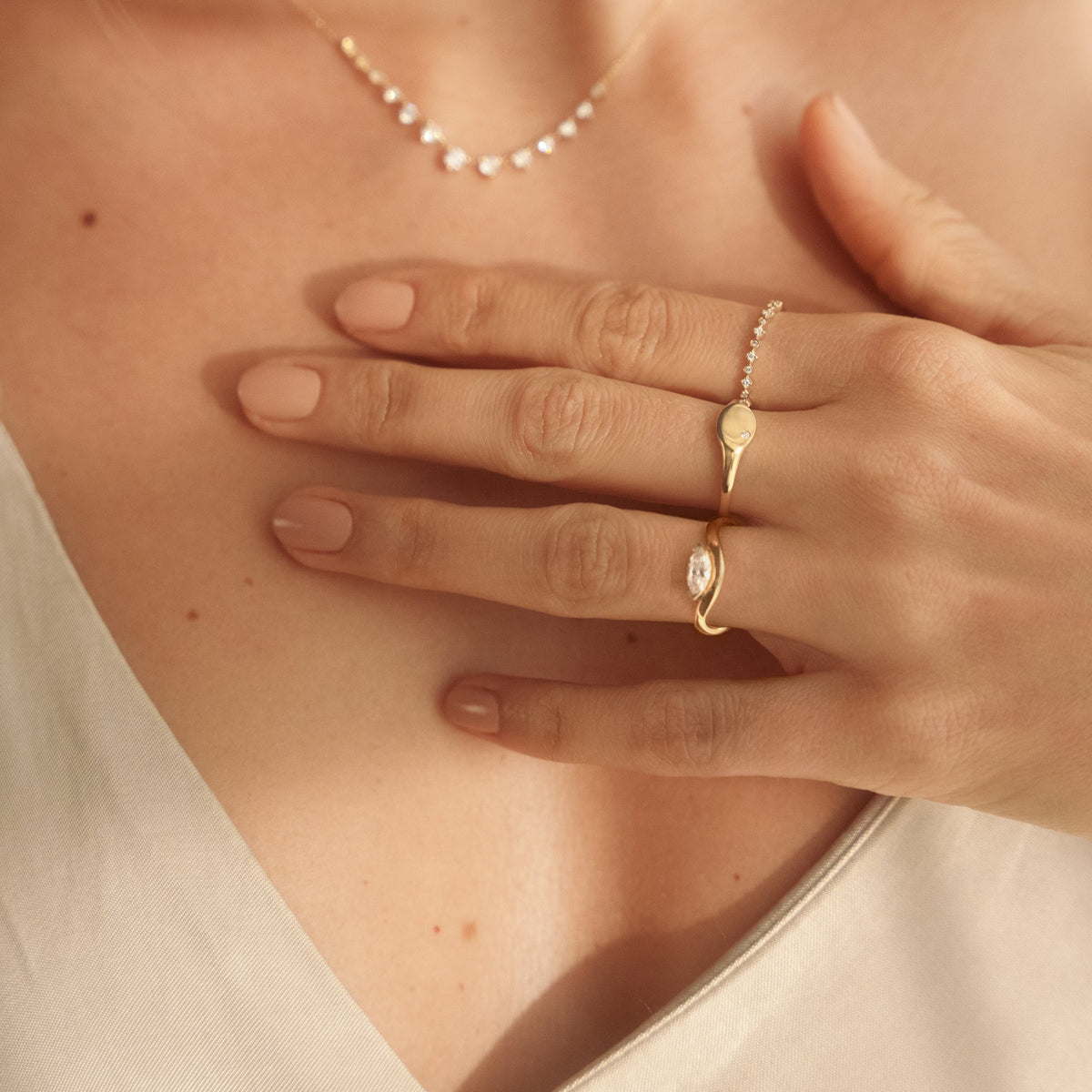 Curved Marquise Diamond Pinky Ring - 14k Solid Gold