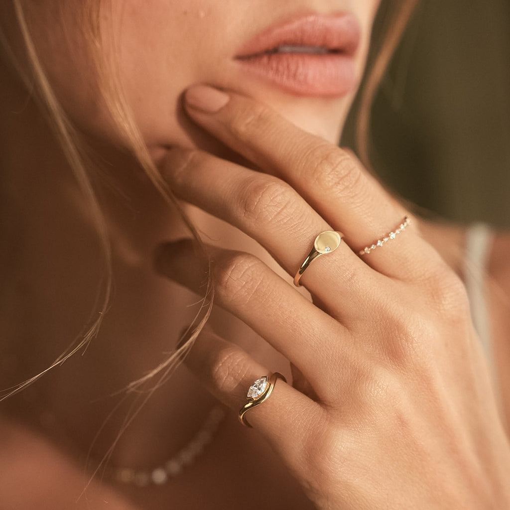 Curved Marquise Diamond Pinky Ring - 14k Solid Gold