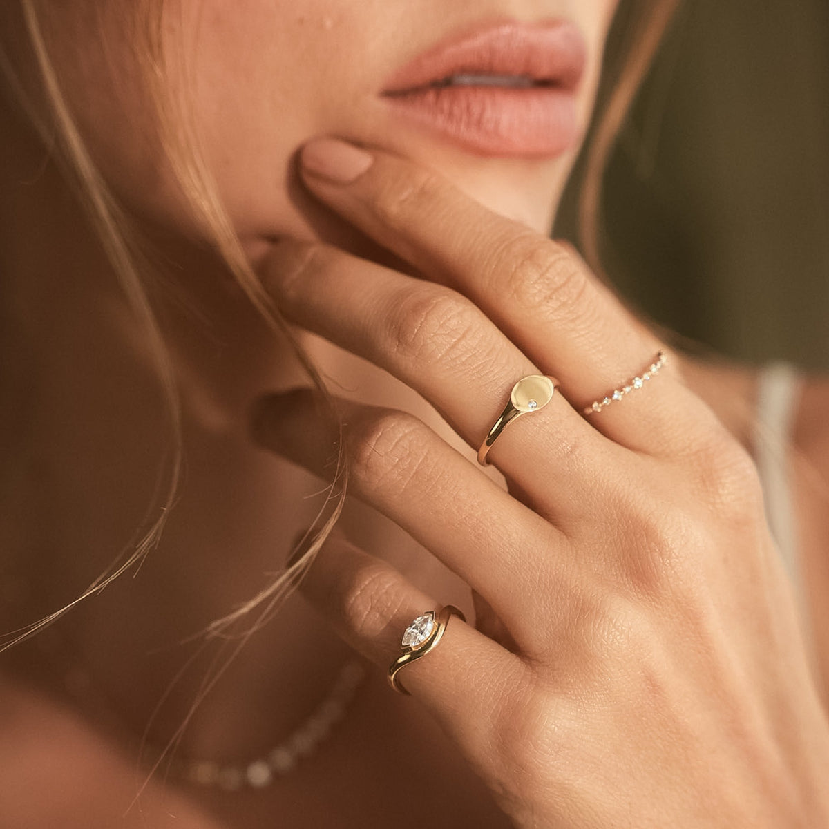 Curved Marquise Diamond Pinky Ring - 14k Solid Gold