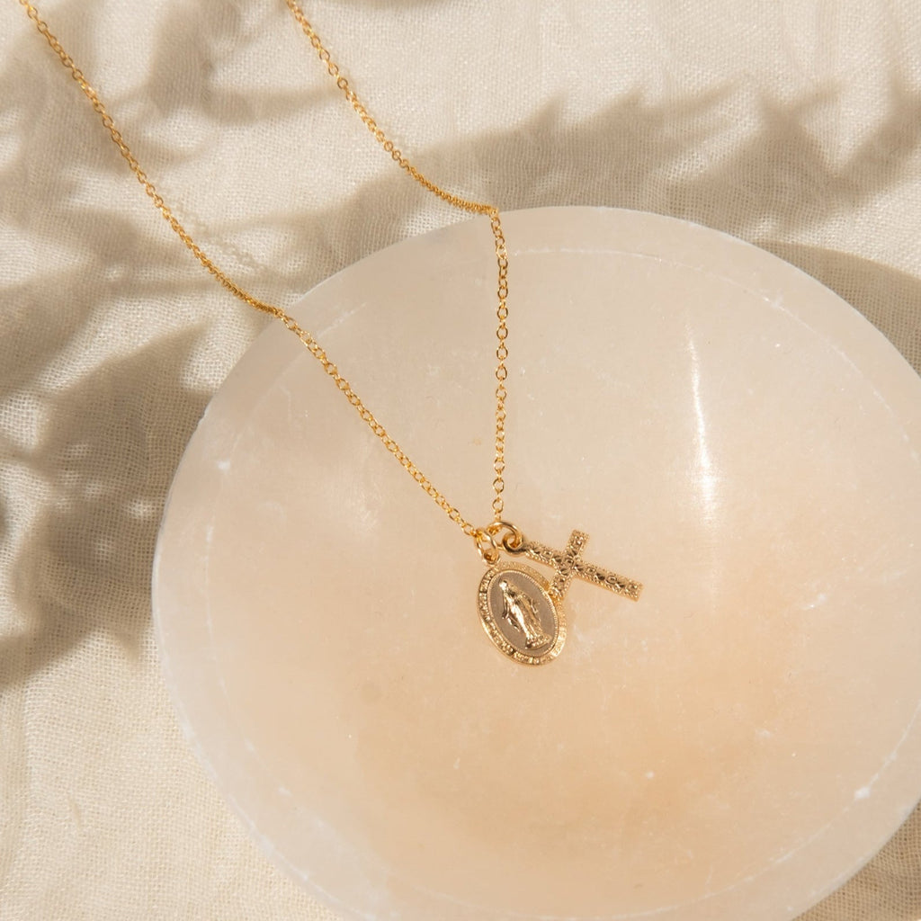 Tiny Virgin Mary & Cross Necklace