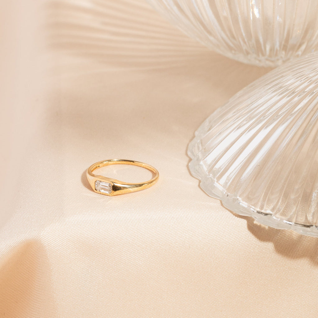 White Sapphire Signet Ring - 14k Solid Gold