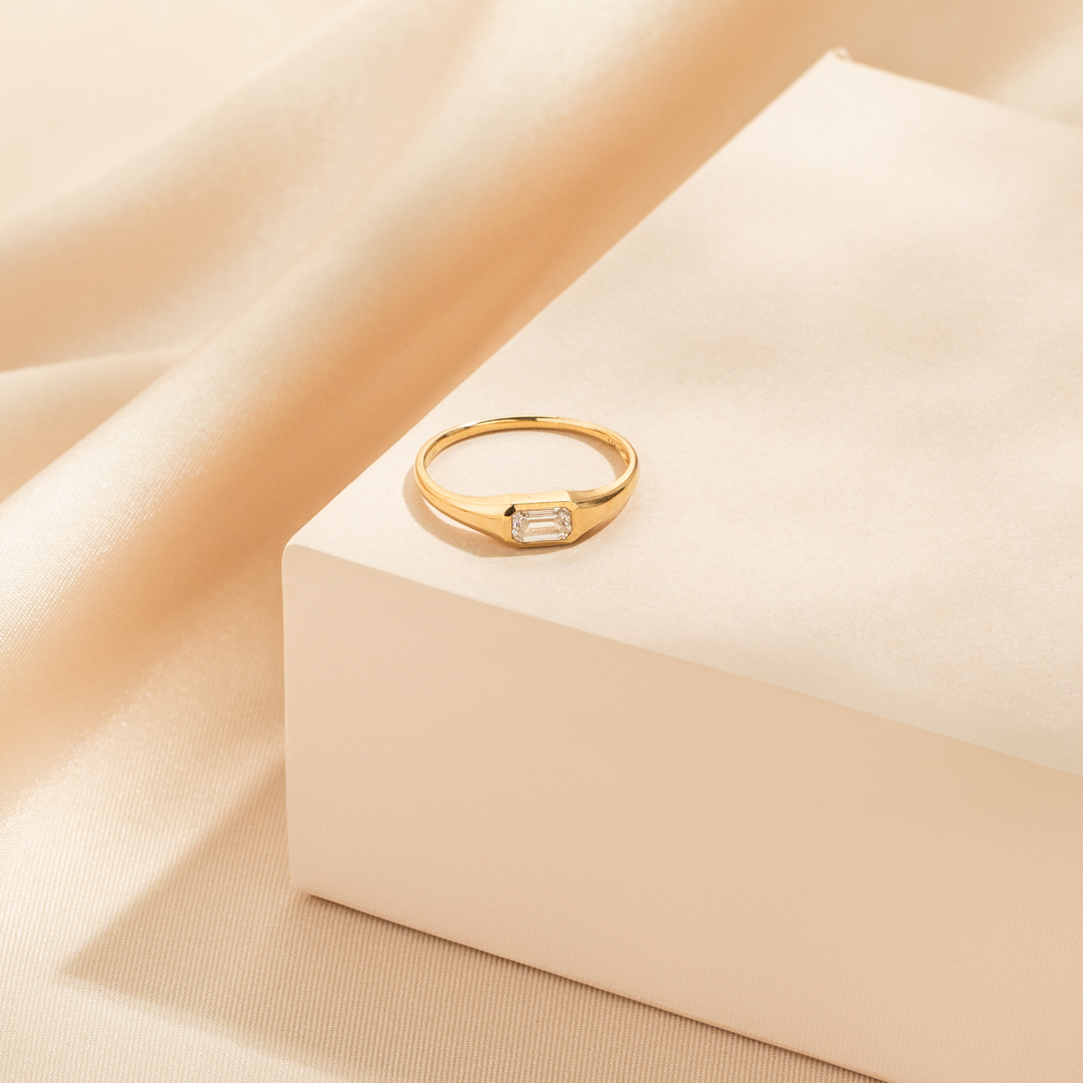 White Sapphire Signet Ring - 14k Solid Gold