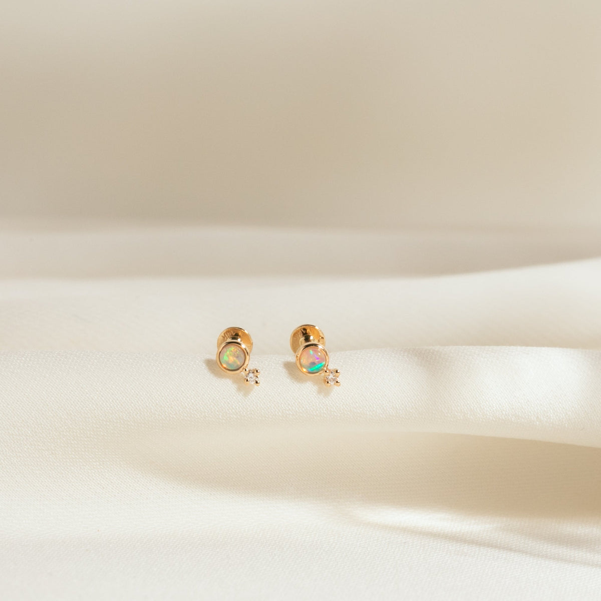 Dainty Opal + Diamond Flat Back Stud Earring
