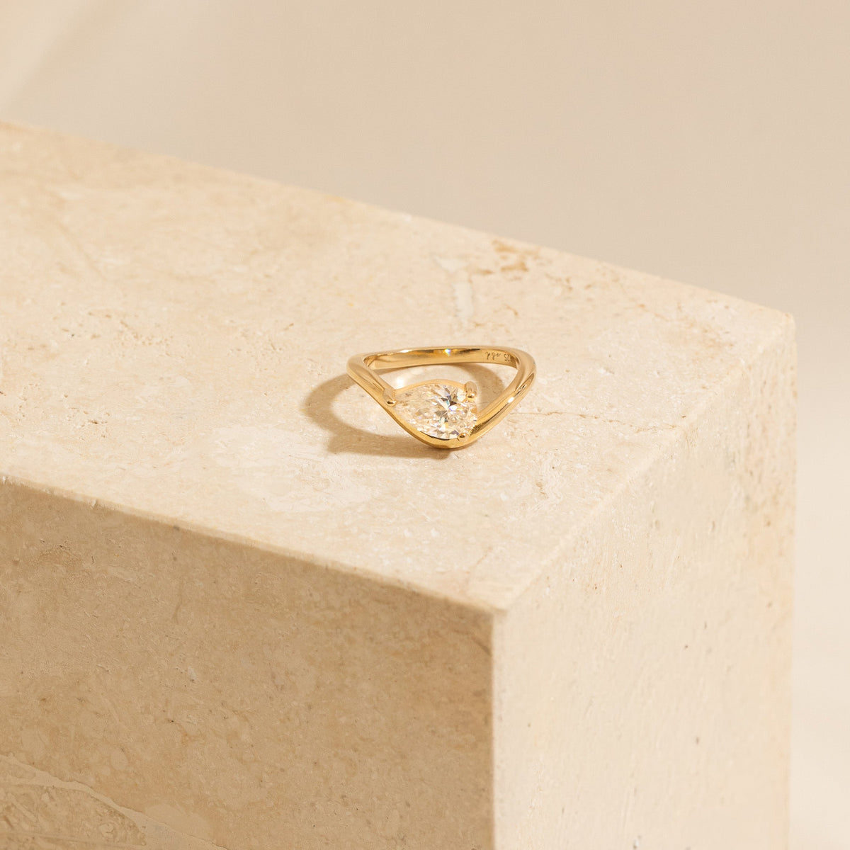Curved Pear Diamond Pinky Ring - 14k Solid Gold