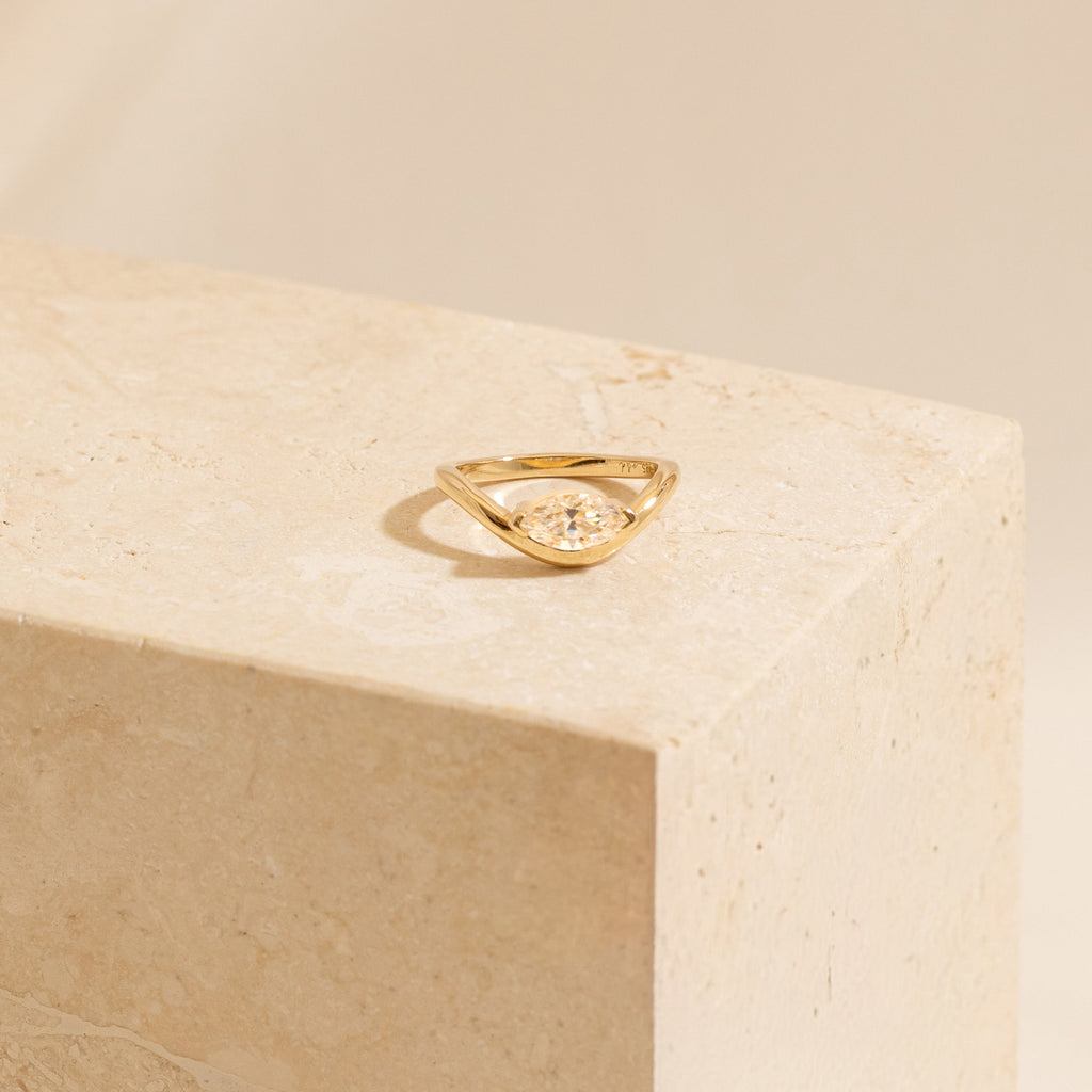 Curved Marquise Diamond Pinky Ring - 14k Solid Gold