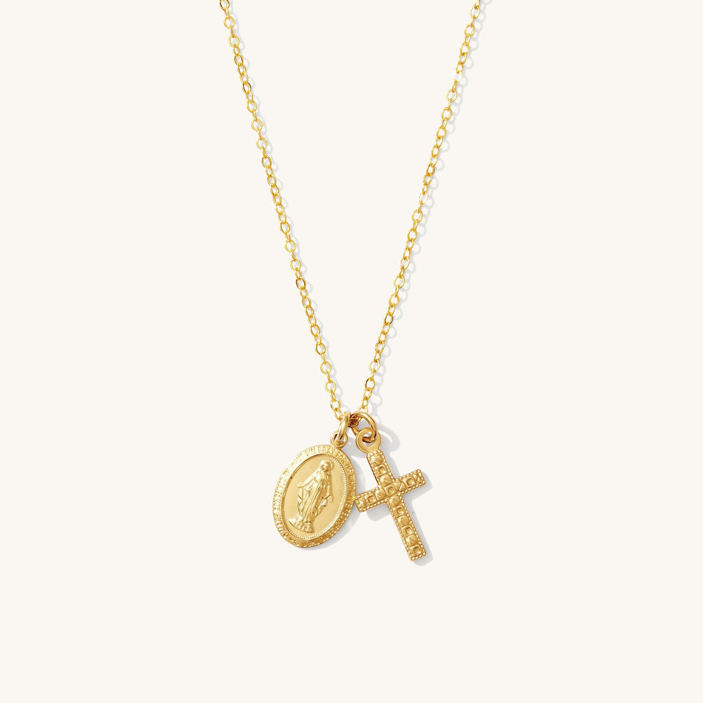 Tiny Virgin Mary & Cross Necklace
