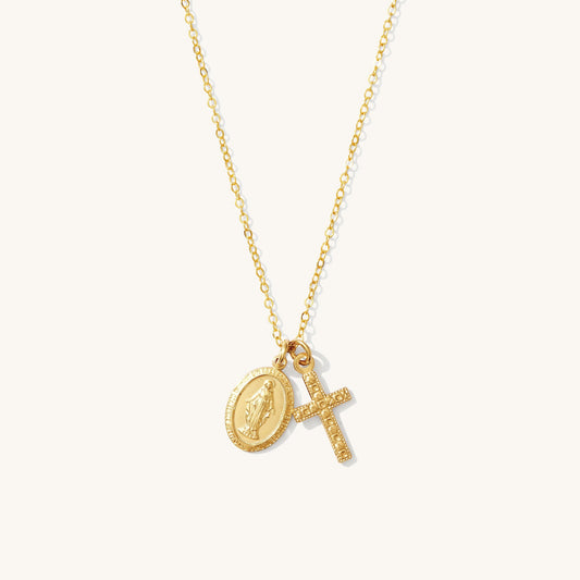 Tiny Virgin Mary & Cross Necklace