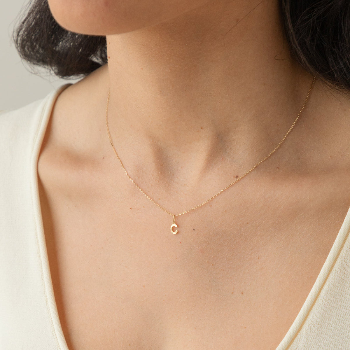 Tiny Hanging Initial Necklace - 14k Solid Gold
