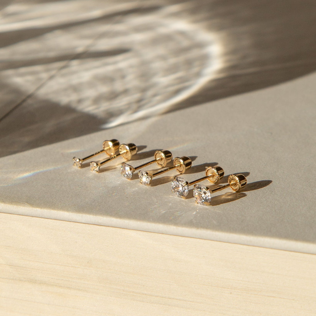 Tiny CZ Screwback Stud Earrings - 14k Solid Gold