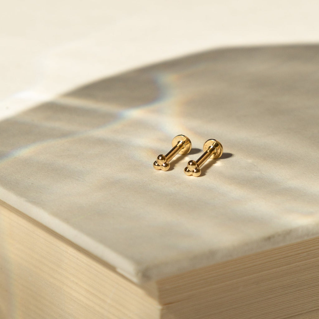 Triple Ball Flat Back Stud Earring - 14k Solid Gold