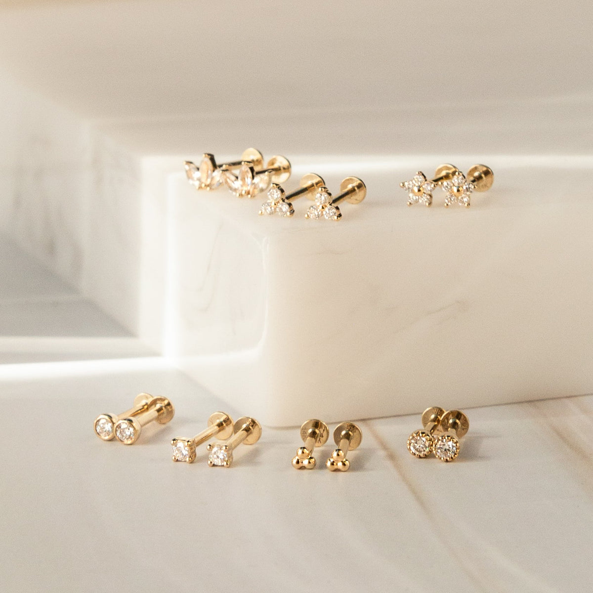 Triple Ball Flat Back Stud Earring - 14k Solid Gold